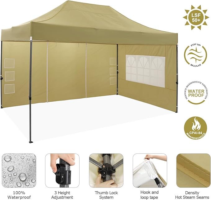 COBIZI 10x15 Pop up Canopy Tent 10x15 Canopy with 4 Sidewalls Waterproof Heavy Duty Commercial Tent for Parties Outdoor Garden Gazebo, Carry Bag(10x15ft, Khaki)