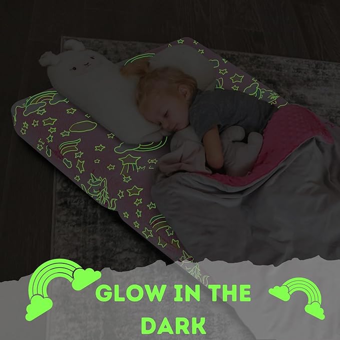 MeMoreCool Glow Pink Unicorn Foldable Floor Mattress for Kids, Trifold Nap Mat for Toddlers, Portable Daycare Sleeping Futon or Floor Bed, 57x22 Inch