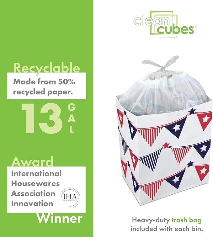 13 Gallon Disposable Pop-Up Trash Cans (3-Pack) with Fitted Bags – Foldable Garbage & Recycling Bins for Parties, Events & Kitchen (USA Flag, 17" H x 13.5" W x 10" D)