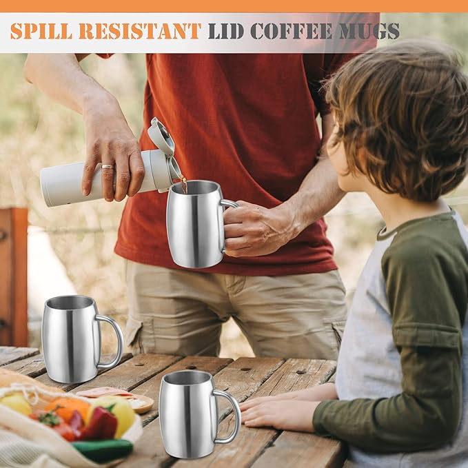 Xinnun 14 oz Insulated Stainless Steel Coffee Mug Spillproof with Lid Double Wall Travel Coffee Mug with Handle Shatterproof Metal Cups for Camping Outdoor Hot Tea Beer Cold Drink(Silver,6 Pack)