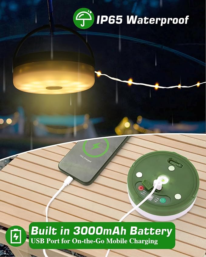 Anpro 4 in 1 Camping String Lights, 32.8 Ft String with Warm White 130 LEDs, USB Rechargeable with Remote Control, Adjustable Brightness, 6 Light Modes, Portable Camping Light for Outdoor, Decoration