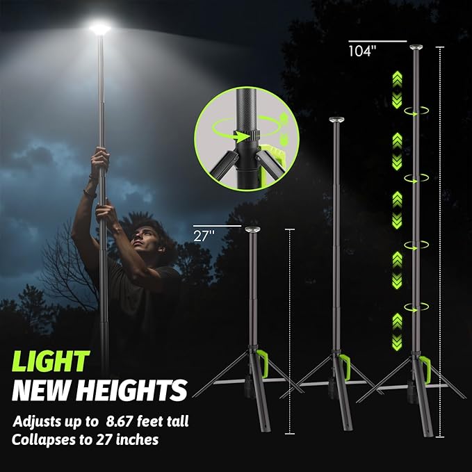 Rechargeable Telescopic Camping Light, 3000LM LED Work Lights on Stand, 8.4 FT Hight Light Ranger 80 FT Portable Outdoor Light, Quick Setup Tripod Light for Outdoor, Jobsite, Emergency