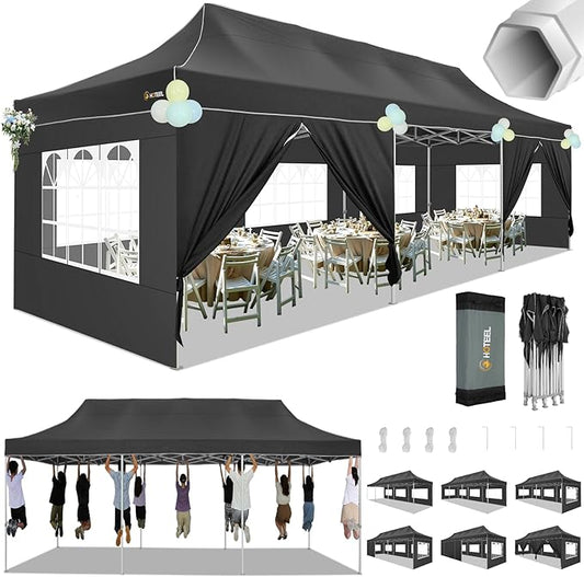 HOTEEL Tents for Parties 10x30 Pop Up Canopy Tent Heavy Duty with 8 Sidewalls, Commercial Party Tent Event Wedding Instant Canopy Waterproof with Carry Bag, UV 50+, Thicked Hexagonal Legs, Black