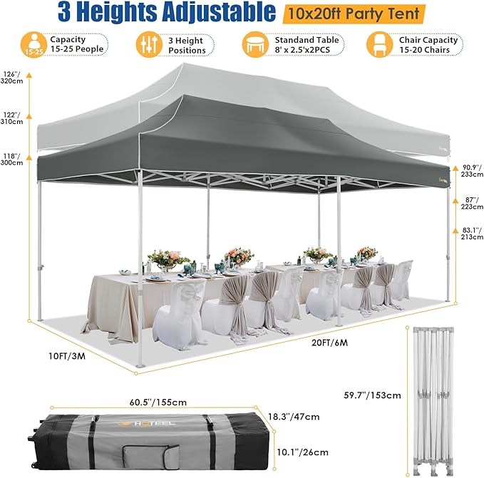 HOTEEL 10x20 Pop up Canopy Tent for Parties, Heavy Duty Easy Setup Tent with 6 Sidewalls, Outdoor Commercial Instant Gazebo for Wedding Event, with Roller Bag & Sand Bags, Grey(Hexagonal Frame)