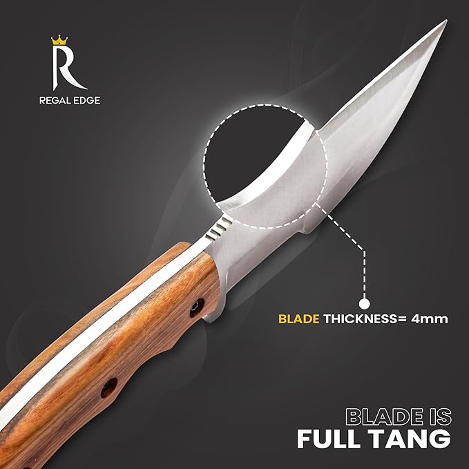 Fixed Blade Knife 10” Hunting Knife With Fire Starter And Leather Sheath - Olive Wood Handle Survival Knives for Camping, Hiking, and Outdoor Use By Regal Edge