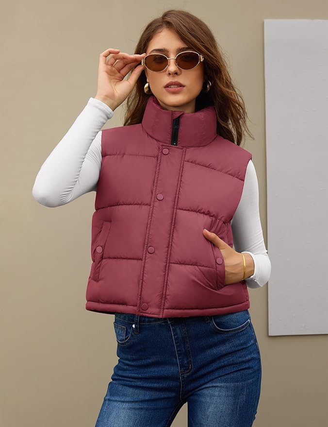 Fengbay Womens Puffer Vest Sleeveless Puffy Cropped Vests Stand Collar Vest Lightweight Bubble Quilted Vests Trendy 2025