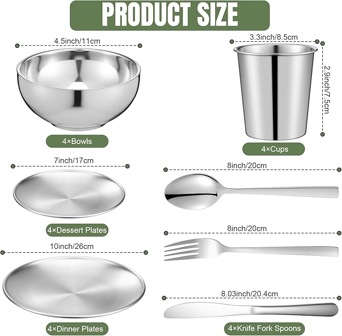Jinei 304 Stainless Steel Dinnerware Set 10 Inch 7 Inch Stainless Steel Plates Bowls Cups Forks Spoons and Knives Sets Reusable Metal Camping Dinnerware for Home Outdoor Picnic Kitchen