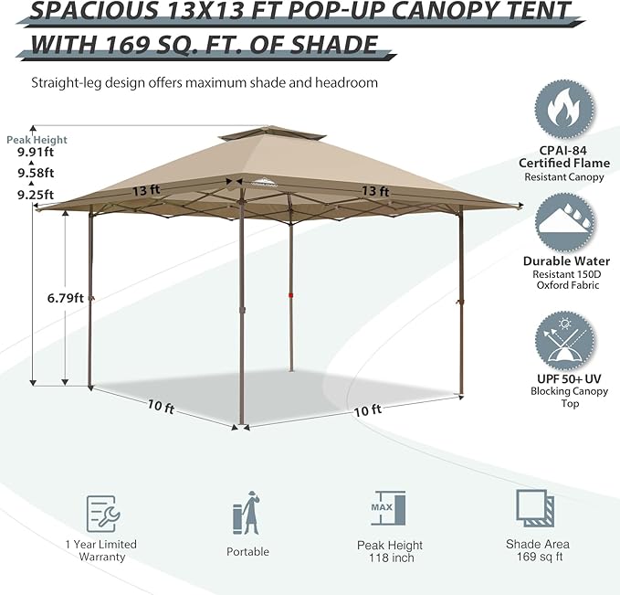 EAGLE PEAK 13x13 Straight Leg Pop Up Canopy Tent Instant Outdoor Canopy Easy Single Person Set up Folding Shelter w/Auto Extending Eaves 169 Square Feet of Shade (Beige)