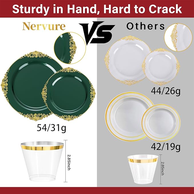 Nervure 175PCS Green Plastic Plates - Disposable Green Gold Party Plates & Pre Rolled Napkins with Cutlery for 25 Guests, 50Plates, 75Silverware, 25Cups, 25Napkin for Wedding & Party