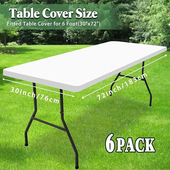 6 Pack Picnic Table Cover Fitted Tablecloths 6 Foot Rectangle Tables Elastic Waterproof Stretch Washable Patio Folding Outdoor Spandex Table Cloth for Camping Banquet and Parties (White,30" x 72")