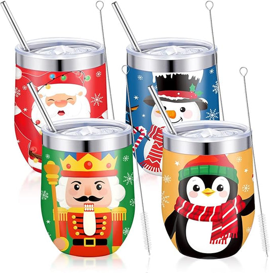 Zhehao 4 Pcs Christmas Wine Tumbler Set 12 oz Xmas Double Wall Insulated Wine Tumblers with Lids Straws and Brushes Stainless Steel Travel Coffee Mug for Women Men Holiday Families Lovers Friends Gift