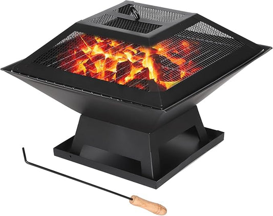 Small Fire Pit for Outside Wood Burning,Fire Bowls with Firproof Mat, Backyard Black Square Ourdoor Bonfire Pit with Waterproof Cover for Outside Patio Camping (Black, 22 INCH)