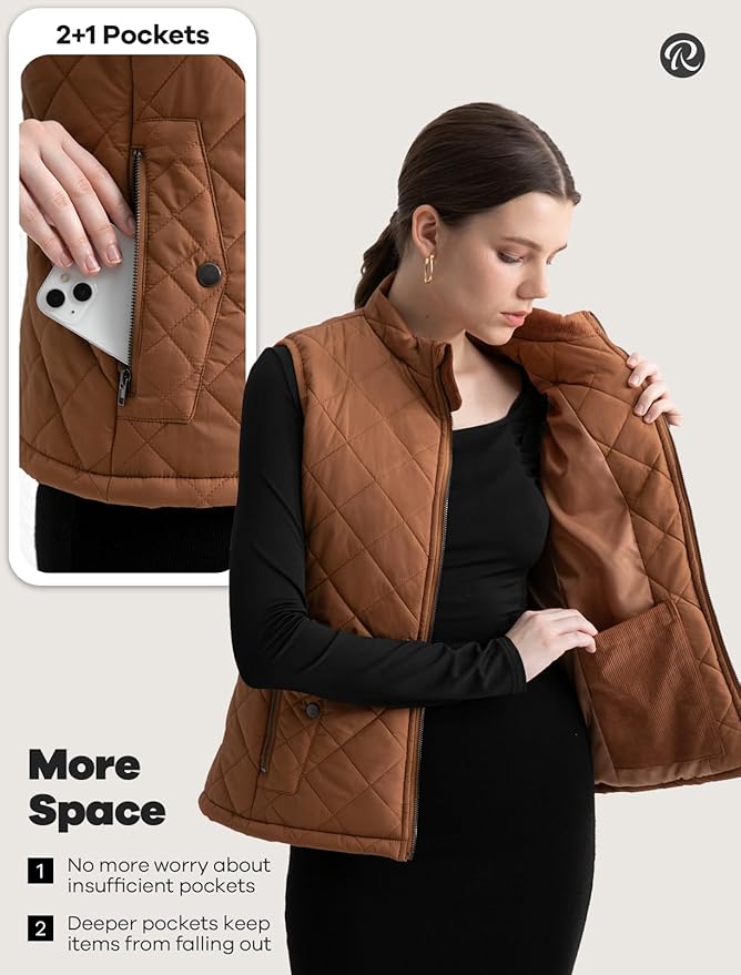 Women's Vest, Quilted Puffer Water-Resistant Zip With Pockets