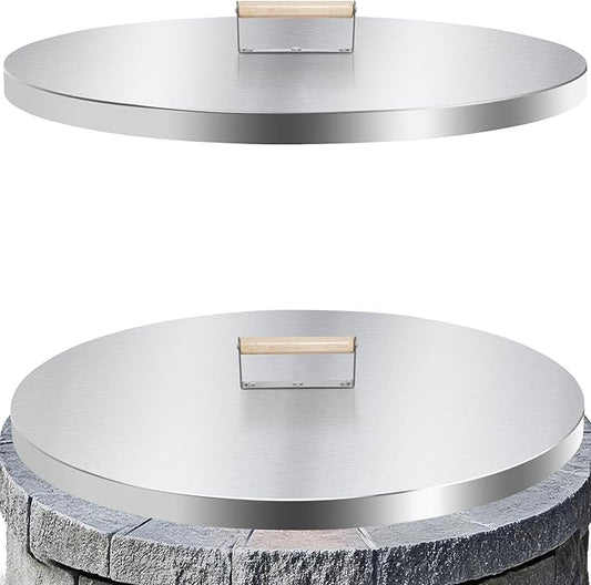 Fire Pit Lid Cover Round - 28" Stainless Steel Rust Resistant Firepit Cover or Table with A Wooden Handle for Patio Fire Pit, Weatherproof for All Seasons, Fits Fire Pits Up to 26"