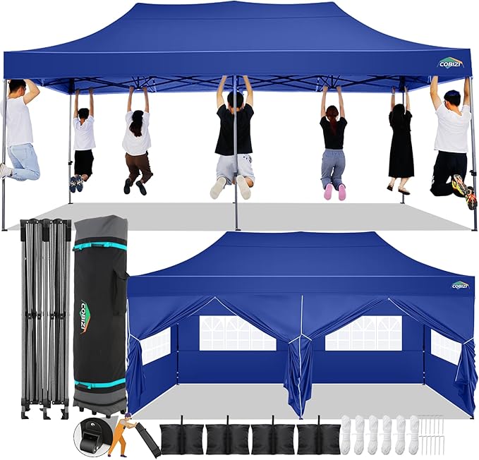 COBIZI 10x20 Pop Up Canopy with 6 Sidewall,Heavy Duty Canopy UPF 50+ All Season Wind Waterproof Commercial Outdoor Wedding Party Tents for Parties Gazebo with Roller Bag(10 x 20 ft Dark Blue)