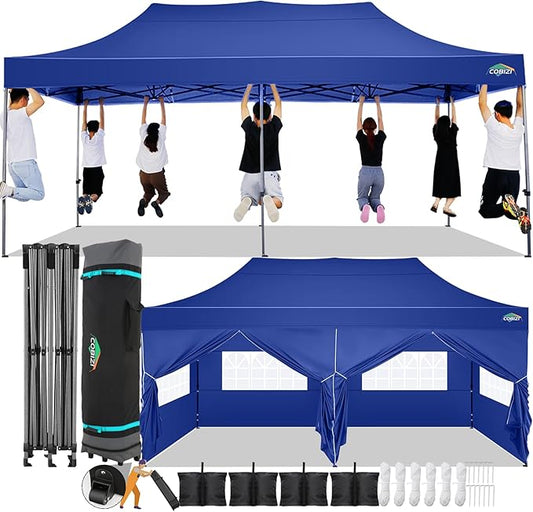COBIZI 10x20 Pop Up Canopy with 6 Sidewall,Heavy Duty Canopy UPF 50+ All Season Wind Waterproof Commercial Outdoor Wedding Party Tents for Parties Gazebo with Roller Bag(10 x 20 ft Dark Blue)