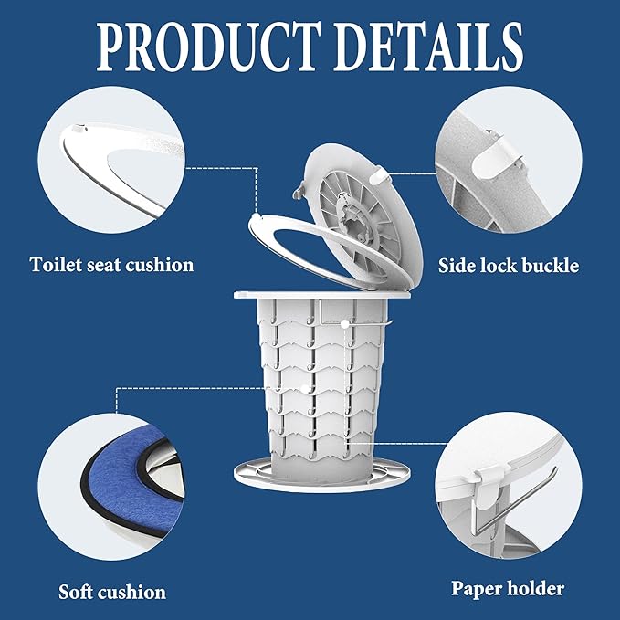 Upgraded Retractable Portable Toilet with Cushion, Adjustable Height Camping Toilets with Lid for Adults and Kids, Compact Portable Potty for Camping, Car, Travel, Boat, Tent and Emergency Use
