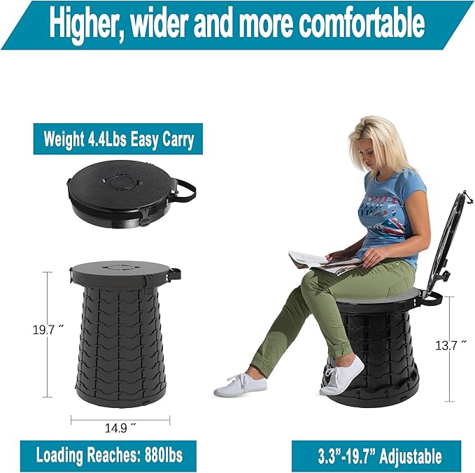 ALEVMOOM XXL Portable Toilet - 19.7" H Taller Wider Collapsible Foldable Camping Toilet with Lid, Strap, Bag - Adjustable for Camping, Hiking, Travel and Car