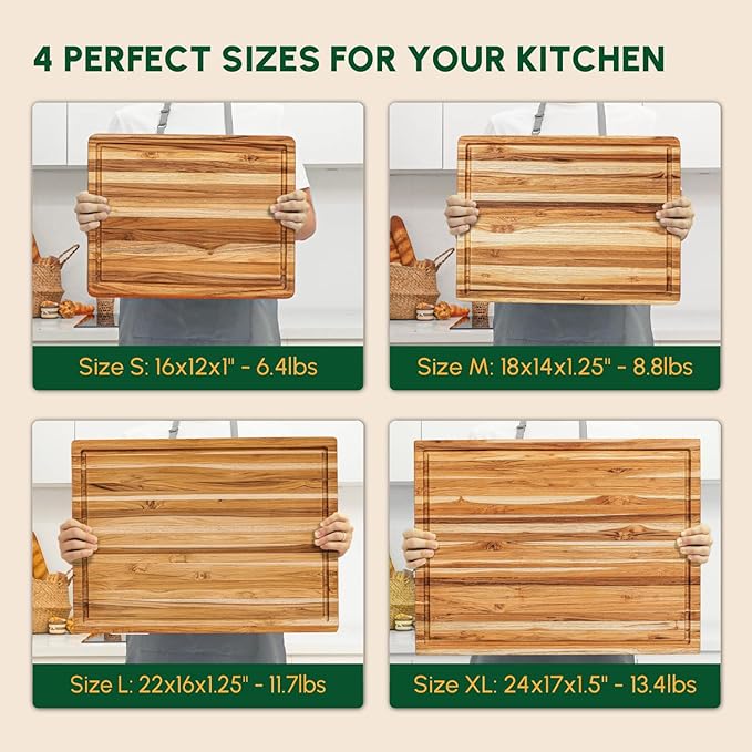 BEEFURNI Teak Wood Cutting Board with Hand Grip (L, 22x16x1.25"), Large Wooden Cutting Boards for Kitchen, Chopping Board Wood, Butcher Block, Charcuterie Board, Christmas Gifts, 1-Year Warranty