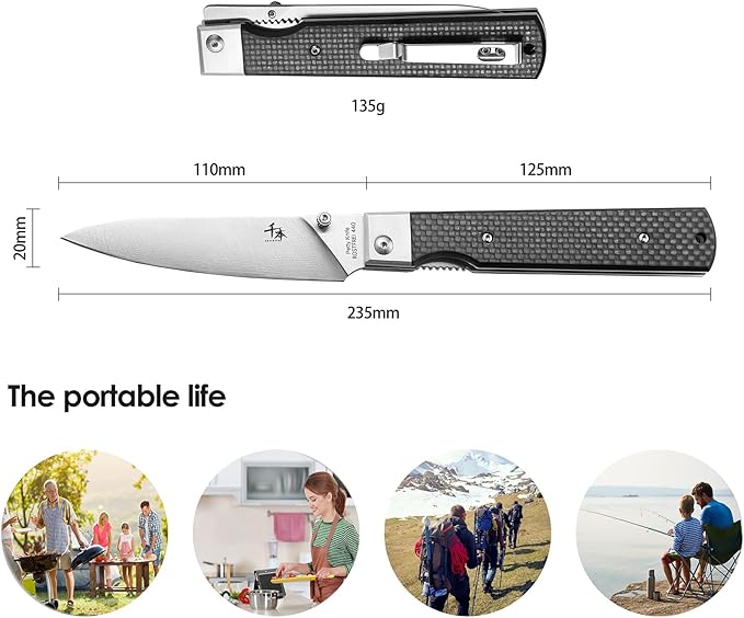 SENBON 440 Stainless Steel Super Sharp Pocket Folding Chef Knife Peeling Utility Knife Carbon Fiber Handle Camping Barbecue Outdoor Back Clip Portable Fruit Knife