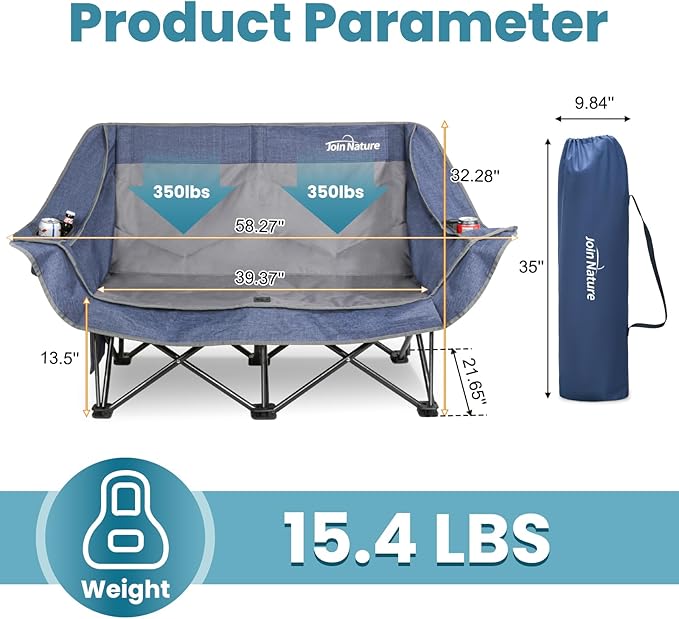 700lbs Capacity Double Camping Chair for 2 Adults - Low-Profile Outdoor Loveseat with XL Cup Holders & Storage Pockets, Heavy Duty Folding Couch for Camping, Lawn, Backyard (Navy Blue)