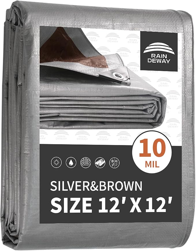 RAINDEWAY Tarps Heavy Duty Waterproof 12x12 Feet,10Mil Thick Multipurpose Poly Tarp Cover with Metal Grommets and Reinforced Edges,Silver/Brown Tarp
