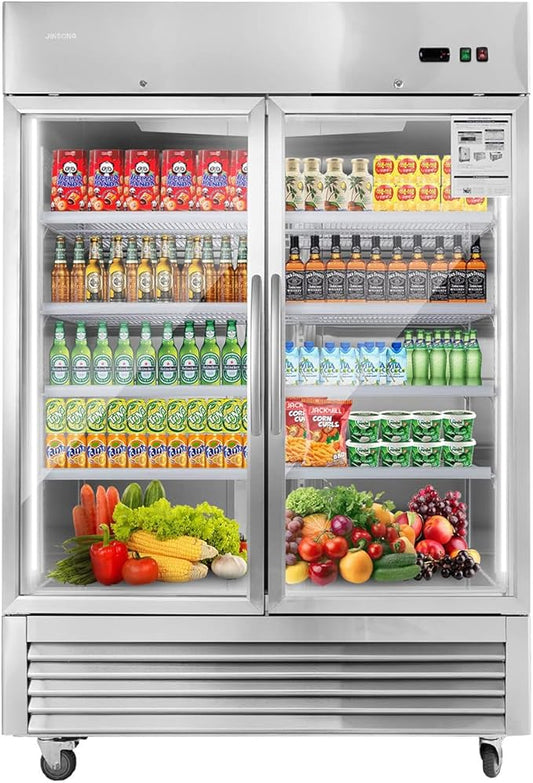 JINSONG Commercial Beverage Fridge Display Refrigerator, 54" Wide, Glass Door Refrigerator, Stainless Steel Beverage Cooler with LED Lighting & 8 Shelves for Restaurant, Office, Shop, Bar, 49 Cu.ft