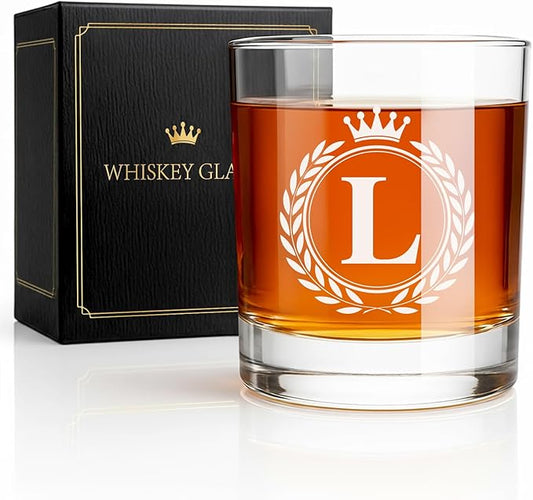 Whiskey Glasses - Rocks Old Fashioned Glass Gifts for Men, Monogrammed A-Z 10oz Personalized Whisky Glasses, Christmas Birthday Gifts for Men Him Dad Father Husband Brother Son (L)
