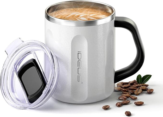Ideus 16 oz Coffee Cup, Stainless Steel Coffee Travel Mug, Spill Proof Tea Mug with Handle and Lid, Lightweight and Durable, Great for Office Home and Outdoor Use, White