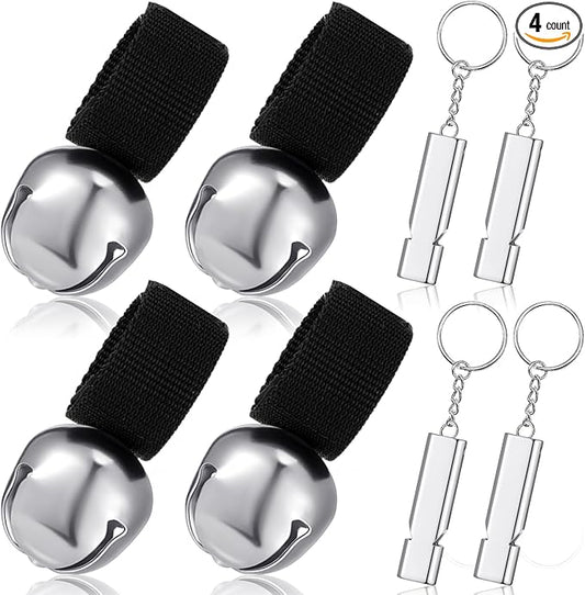 4 Sets Bear Bells with Whistle for Hiker, Loud Bear Bell with Emergency Whistle, Bear Bells for Hiking, Outdoor Camping, Survival, Biking, Fishing, Climbing, Hunting, Pet Tracker