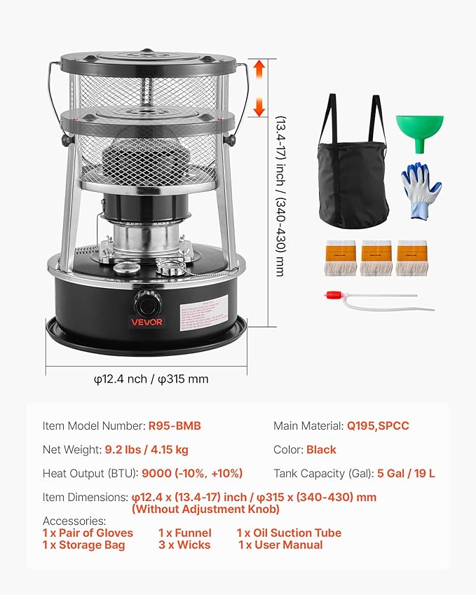 VEVOR 9000 BTU Portable Kerosene Heater & Stove, 2 in 1 Non-Electric Indoor Outdoor Heater with Adjustable Height & Flame & Easy Storage,for Camping, Hunting, Cooking, Home, Garage, Black
