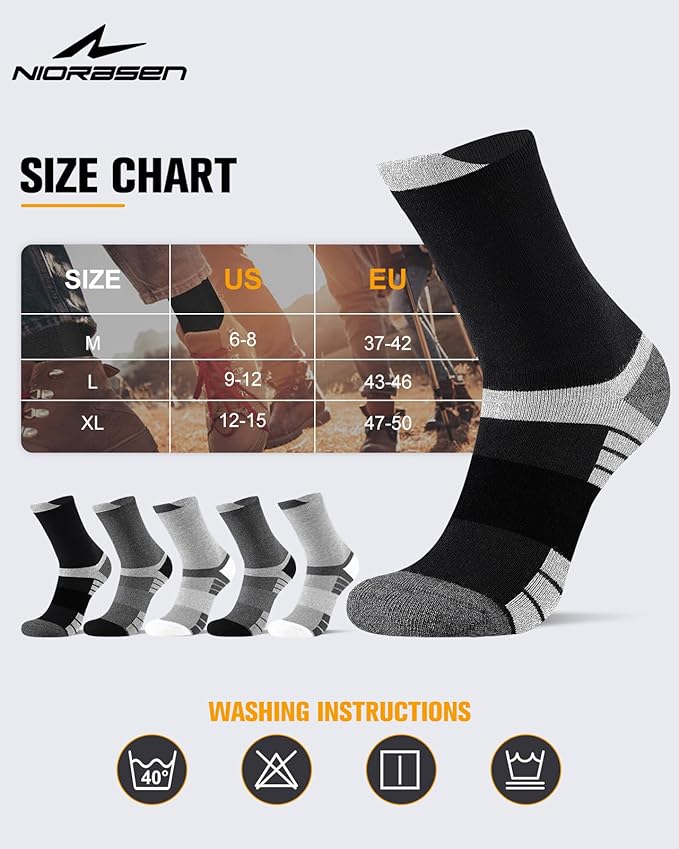 6 Pairs Men's Cotton Crew Work Boot Socks, Moisture Cushioned Athletic Sports Socks for Hiking Running Workout