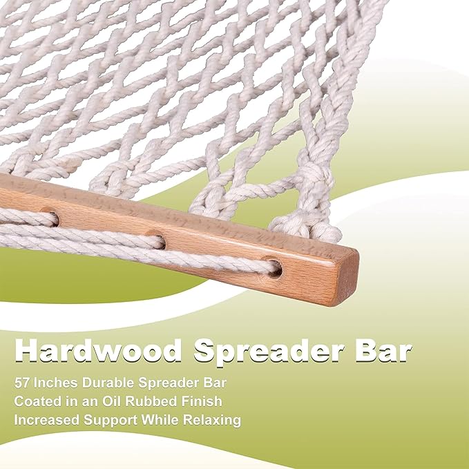 Lazy Daze Hammocks 12FT Double Rope Hammocks, 2 Person Hand Woven Cotton Hammock with Spreader Bar for Outdoor, Indoor, Patio, Poolside, FIT 13-15 Foot Stand, Max 450 Lbs, Green, 141 x 57 inches