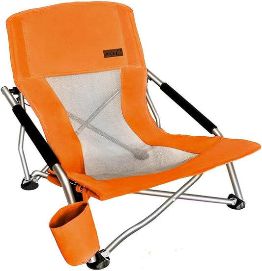 Nice C Chair Beach, Low Beach Chair, Sling, Folding, Portable, Concert, for Adults, Kids, Boat, Sand Chair with Cup Holder & Carry Bag (1 Pack of Orange)