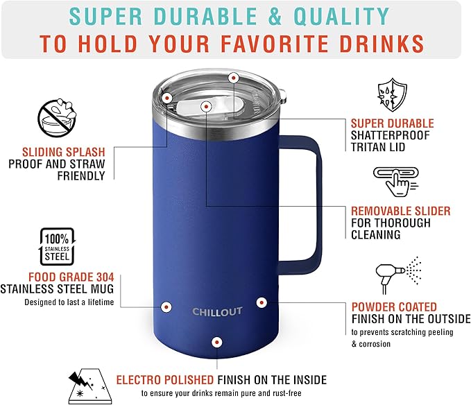 CHILLOUT LIFE Stainless Steel Vacuum Insulated Coffee Mug 16 oz (Set of 2) with Handle and Lid, Large Thermal Camping Coffee Mugs with Sliding Lid for Men & Women, Keeps Your Beverages Hot & Cold