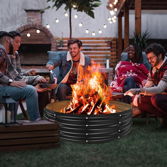 48 Inch Round Galvanized Fire Pit Ring/Fire Ring - Foldable and Perfect for Outdoor Gatherings and Campfires in The Yard/Garden/Park/Beach (Black+Gray, 4 FT Diameter+1 FT Tall)