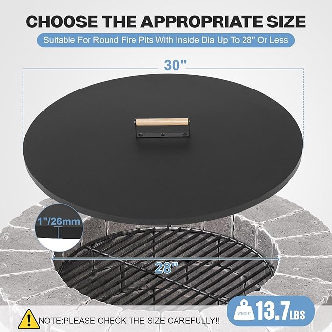 Fire Pit Lid Round 30", Heat Resistant Metal Firepit Cover with A Wooden Handle for Round Patio Fire Pit, Compatible for Firepits Inside Dia Up to 28"