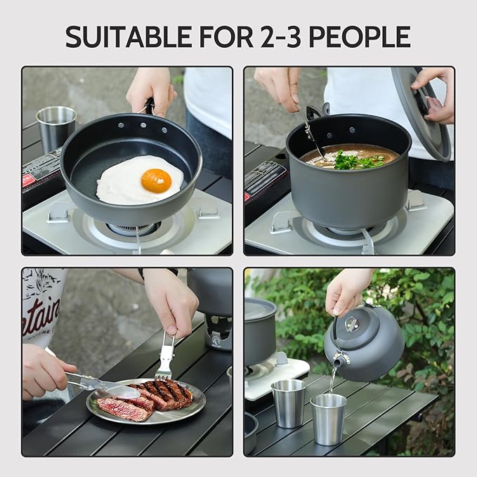REDCAMP Stainless Steel Camping Mess Kit, Camping Dishes Set for 4, Camp Plate Set with Bowls Plates Cups Forks Spoons, for Backpacking, Outdoor Backpacking Hiking and Picnic