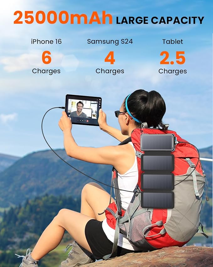 SOARAISE Solar Charger 25000mAh/92500mWh Wireless Portable Charger, 20W Fast Charging Power Bank with Built-in 3 Cables, PD QC 3.0 Phone Battery Pack with 4 Solar Panels & Flashlights for Camping
