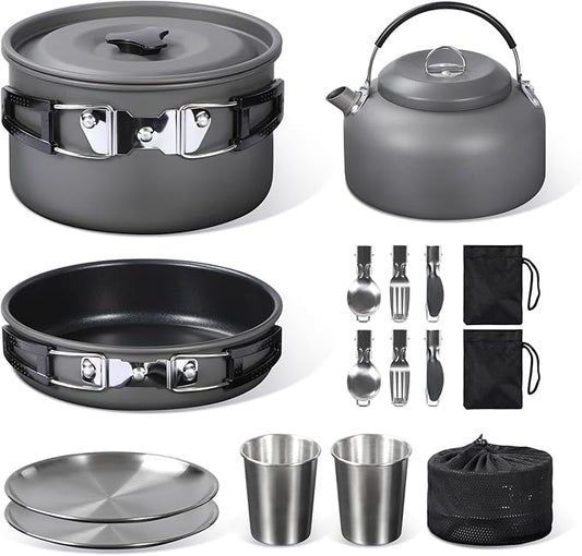 REDCAMP 6/10/11/12/14/15/19 PCS Camping Cookware Mess Kit Camping Gear Campfire Utensils Lightweight Stackable Pot Pan Bowls Soup Spoon with Storage Bag for Camping, Backpacking, Outdoor Cooking