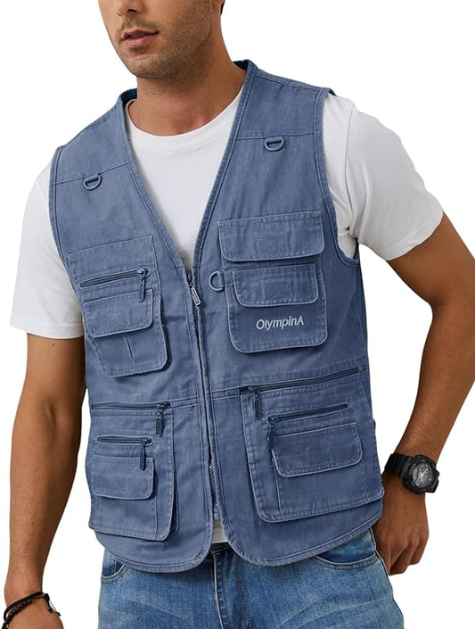Gihuo Men's Fishing Vest Casual Utility Travel Safari Cargo Outdoor Work Photo Fly Vest Jacket with Multi Pockets