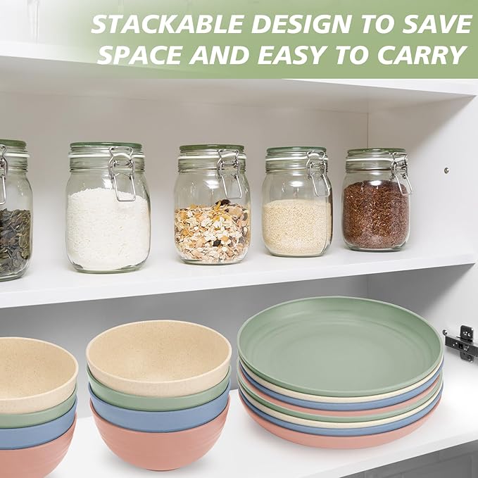 shopwithgreen Wheat Straw Dinnerware Sets for 8, 40 PCS Unbreakable Plates and Bowls Sets, Reusable Dinner Dishes Set, Bowls, Cups,Plates for Camping, Kitchen, RV, Dorm,Dishwasher Microwave Safe