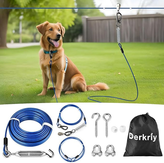 Dog Runner for Yard, Heavy Duty 150FT Dog Runs for Outside with 10FT Tie Out Cable, Trolley System Zipline for Large Dogs Up to 250lbs, Chew Proof Run Cable for Camping