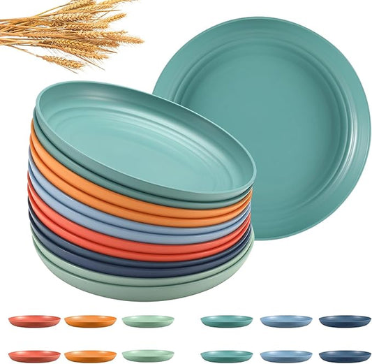 12 Pcs Unbreakable Deep Dessert Plates Set, 8 inch Reusable Plastic Wheat Straw Plates, Microwave and Dishwasher Safe Plate for Kitchen, Lightweight Plate for Dessert, BPA Free, 6 Colors