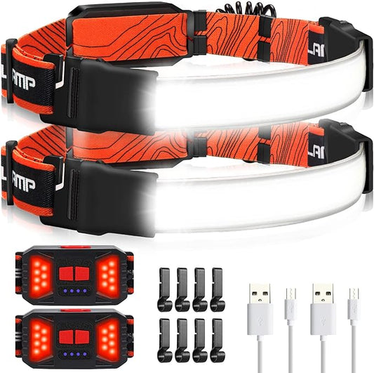 Adelante LED Headlamp Flashlight, 2Pack 1000LM 230°Wide-Beam Rechargeable Head Lamp for Adults, Red Taillight & 8 Clips Waterproof Hard Hat Light Headlamps for Running Hiking and Camping
