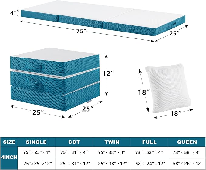 SINWEEK Memory Foam Folding Mattress, 4 Inch Foldable Trifold Mattress Topper, CertiPUR-US Certified Guest Bed with Cooling Cover & Waterproof Lining