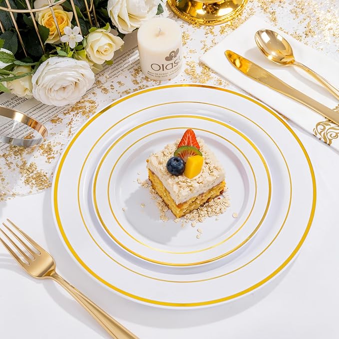 NOCCUR 700PCS Gold Disposable Dinnerware Set for 100 Guests - Plastic Plates for Party - Include 200 Gold Dinner/Dessert Plates, 100 Napkins, 100 Cups, 300 Plastic Silverware - Ideal for Wedding&Party