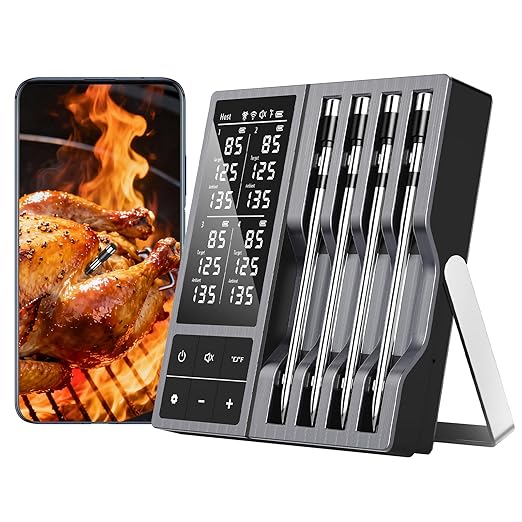 Wireless Smart Meat Thermometer with 4 Probes & APP Alerts, 800ft Bluetooth Grill Thermometer, 0.19In Ultra Thin Probes, ±0.5℉ Accuracy, Big Digital Backlit Screen, for Kitchen BBQ, Oven, Smoker