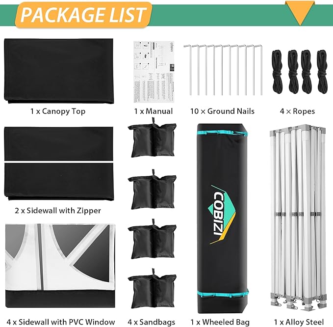 COBIZI 13x26 Pop up Canopy Tent 13x26 Canopy with 6 Sidewalls Waterproof Heavy Duty Commercial Canopy Tent for Parties Outdoor Tent Garden Gazebo Tent, Carry Bag with Wheel(13x26ft, Black)