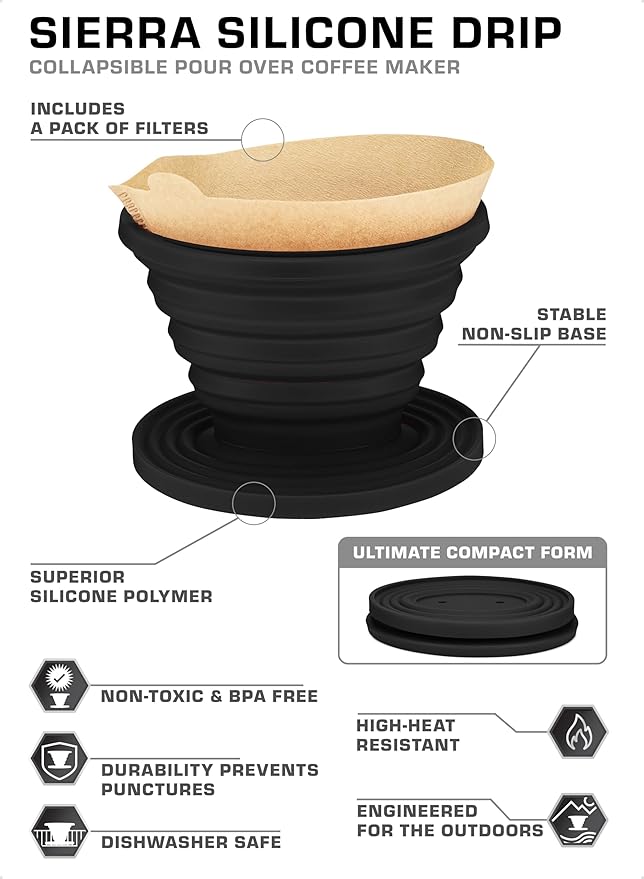 COLETTI Sierra Camping Pour Over Coffee Dripper — Collapsible Pour Over Coffee Dripper — Includes Pack of Paper Filters [Black, Pack of 1]